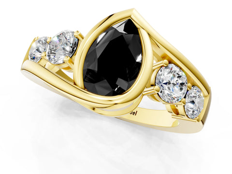 Yellow gold Bezel Set Fancy Black Pear Cut Diamond Split Shank Ring_1