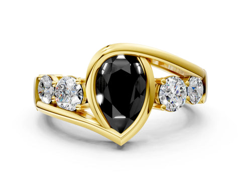 Yellow gold Bezel Set Fancy Black Pear Cut Diamond Split Shank Ring