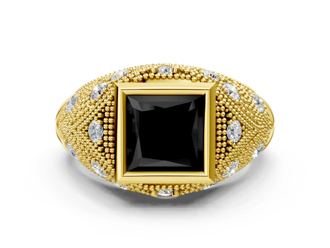 Yellow gold Bezel Set Fancy Black Princess Cut Diamond Milgrain Band Ring