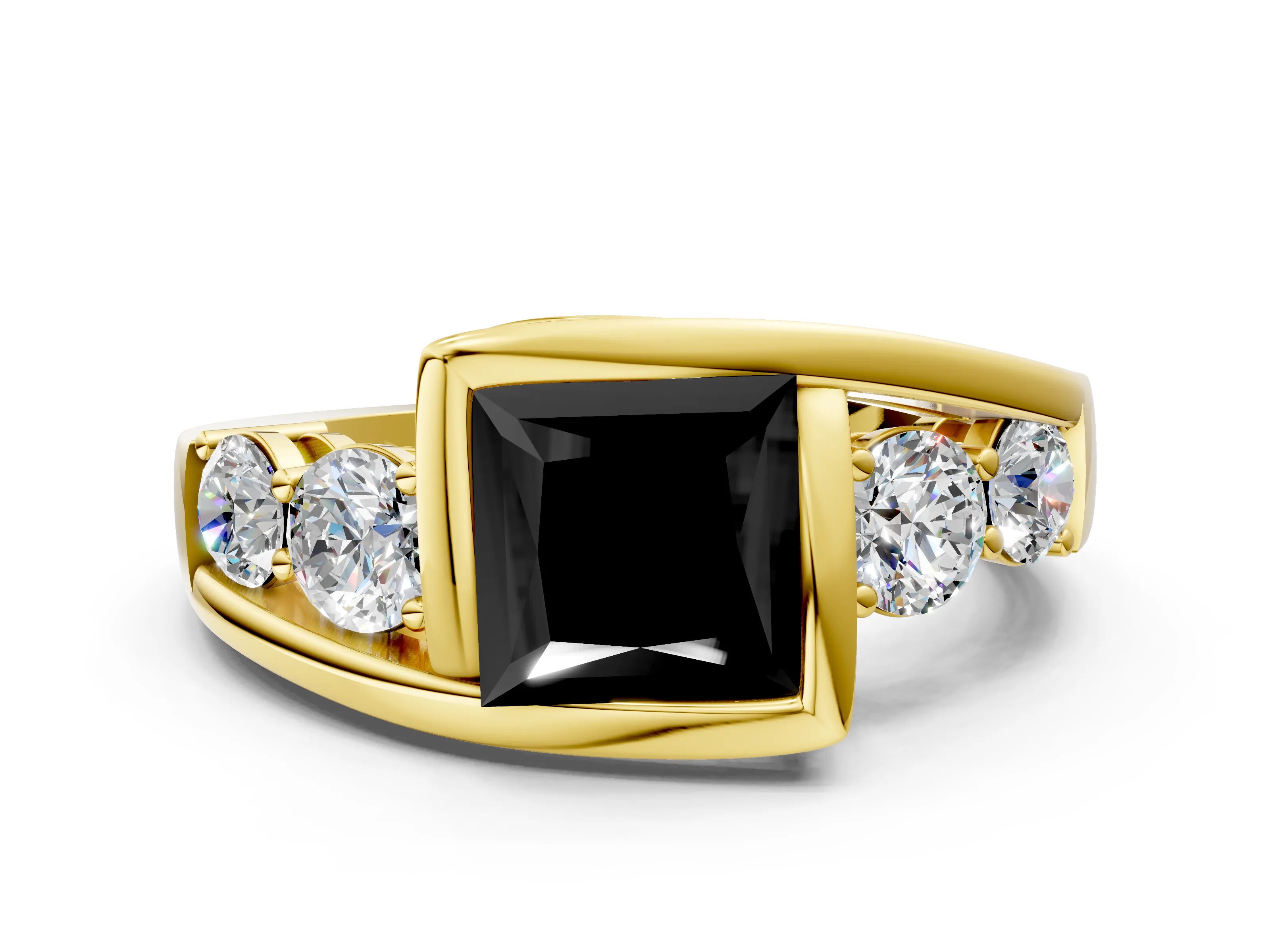 Yellow gold Bezel Set Fancy Black Princess Cut Diamond Split Shank Ring