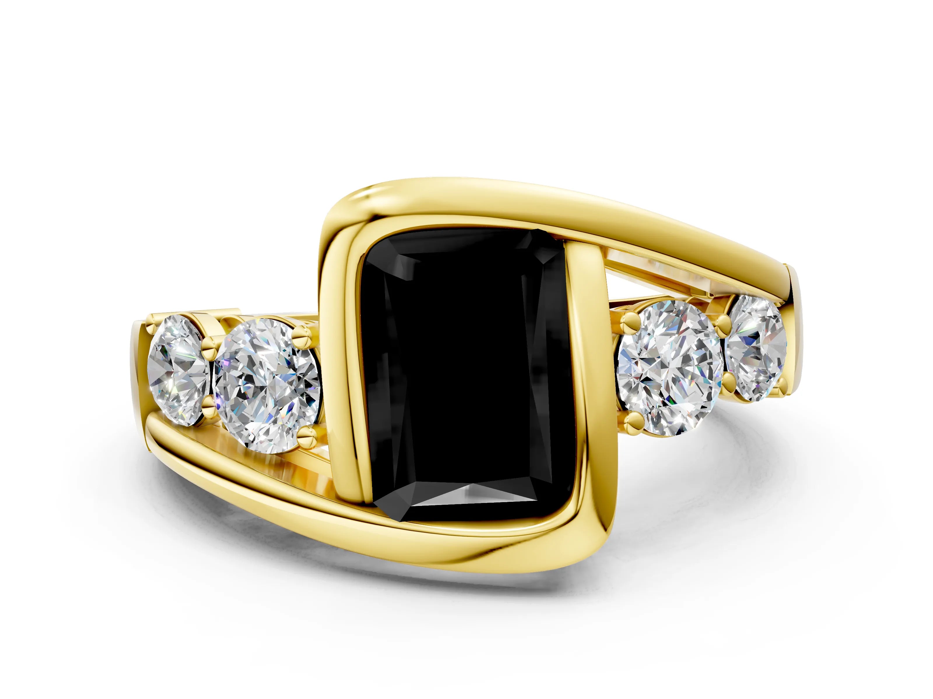 Yellow gold Bezel Set Fancy Black Radiant Cut Diamond Split Shank Ring