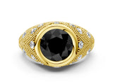 Yellow gold Bezel Set Fancy Black Round Cut Diamond Milgrain Band Ring