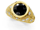 Yellow gold Bezel Set Fancy Black Round Cut Diamond Milgrain Band Ring_1