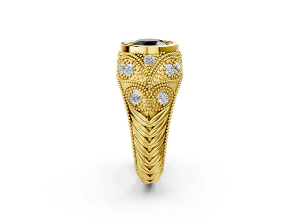 Yellow Gold Round Vintage Bezel Engagement Ring Setting for Black Center with Milgrain