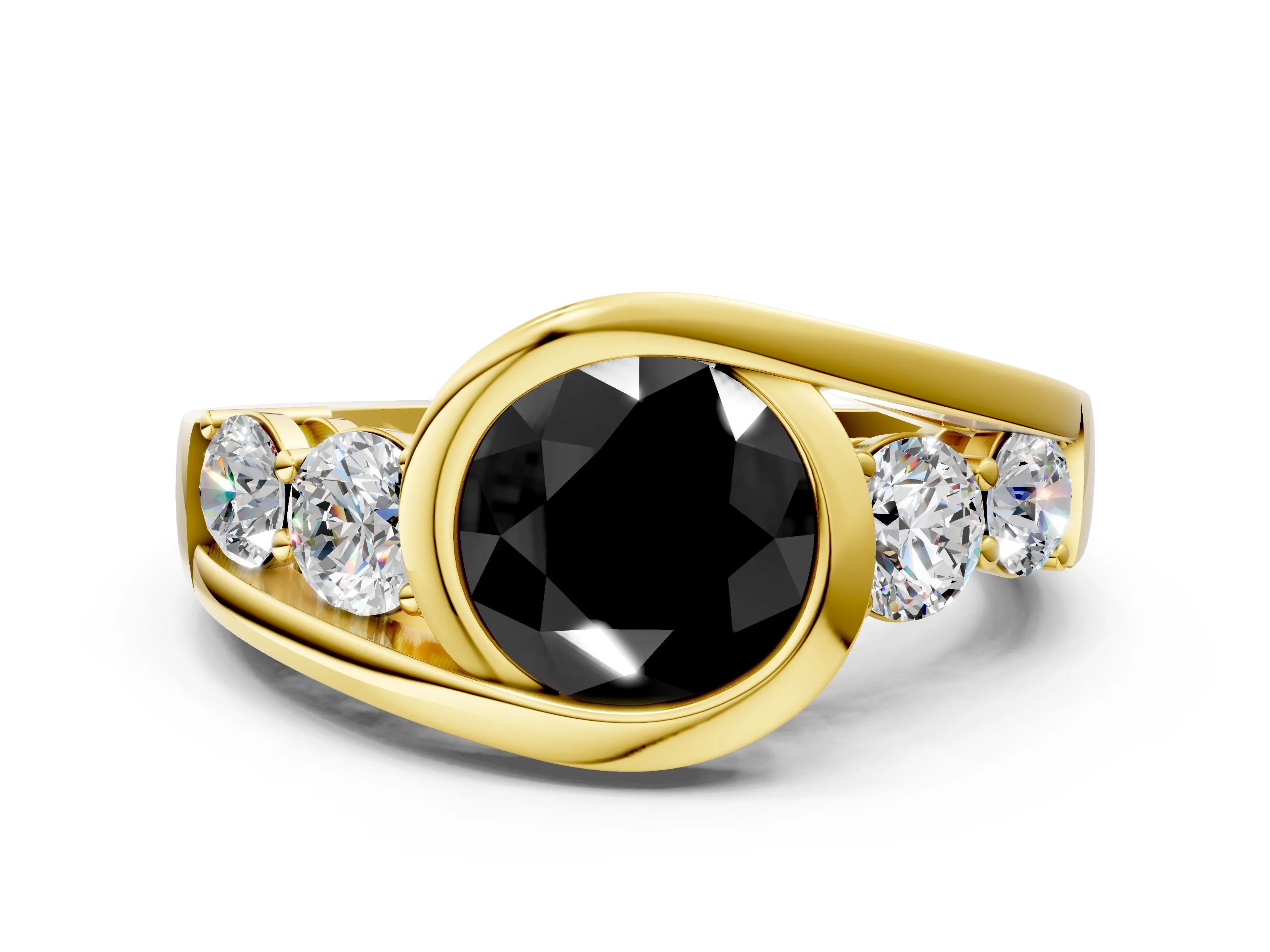 Yellow gold Bezel Set Fancy Black Round Cut Diamond Split Shank Ring