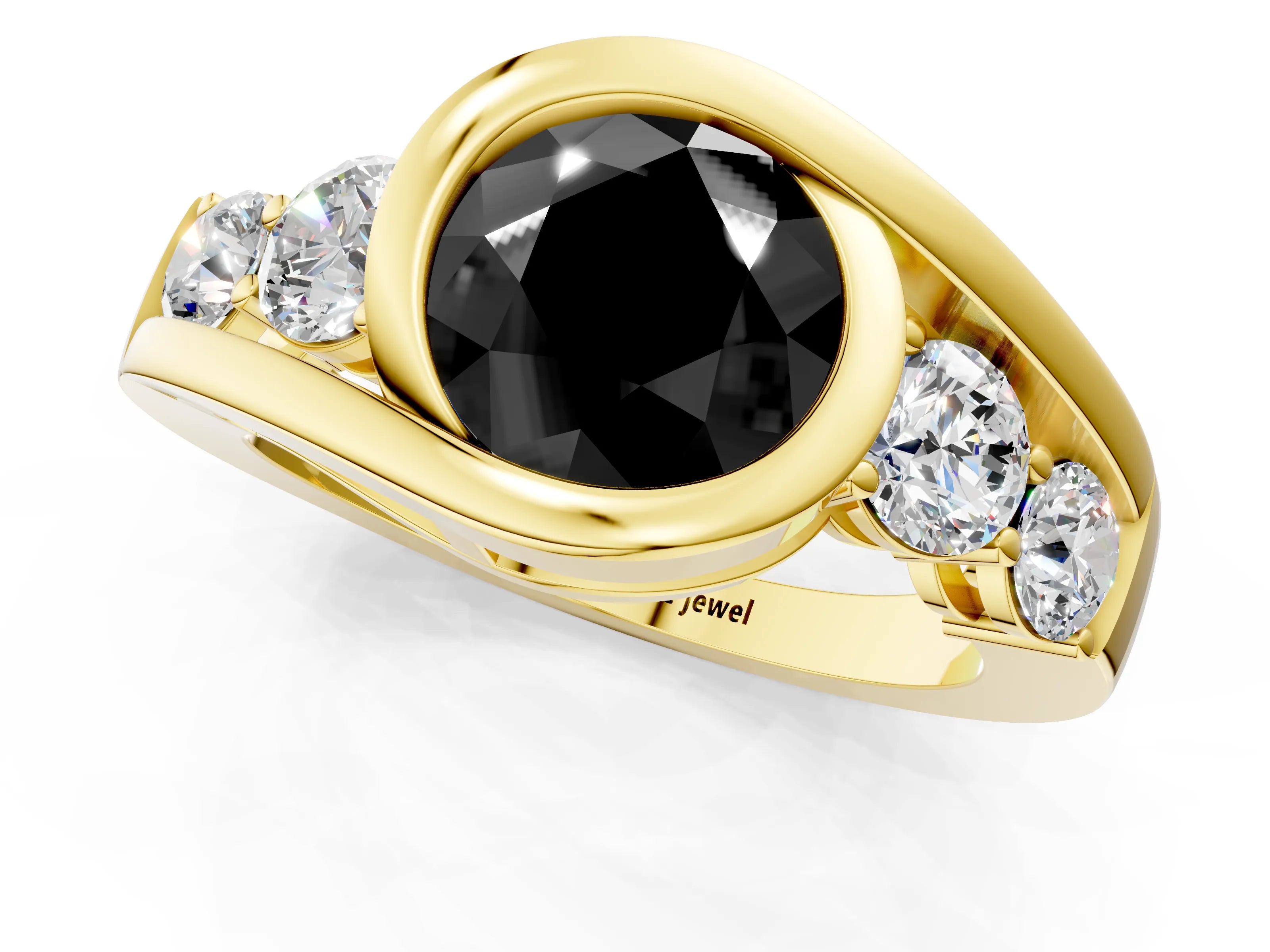Yellow gold Bezel Set Fancy Black Round Cut Diamond Split Shank Ring_1