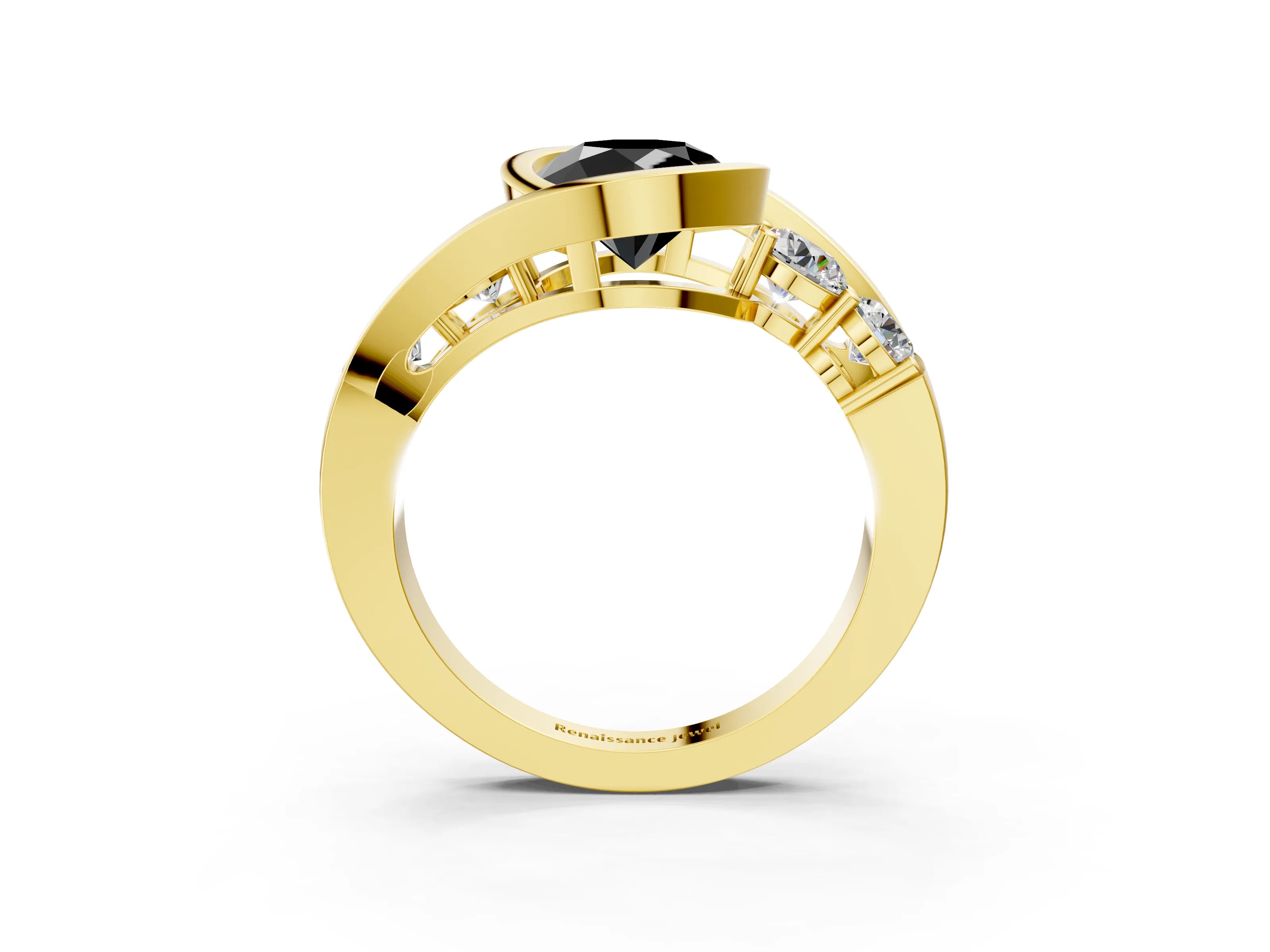 Yellow gold Bezel Set Fancy Black Round Cut Diamond Split Shank Ring_3