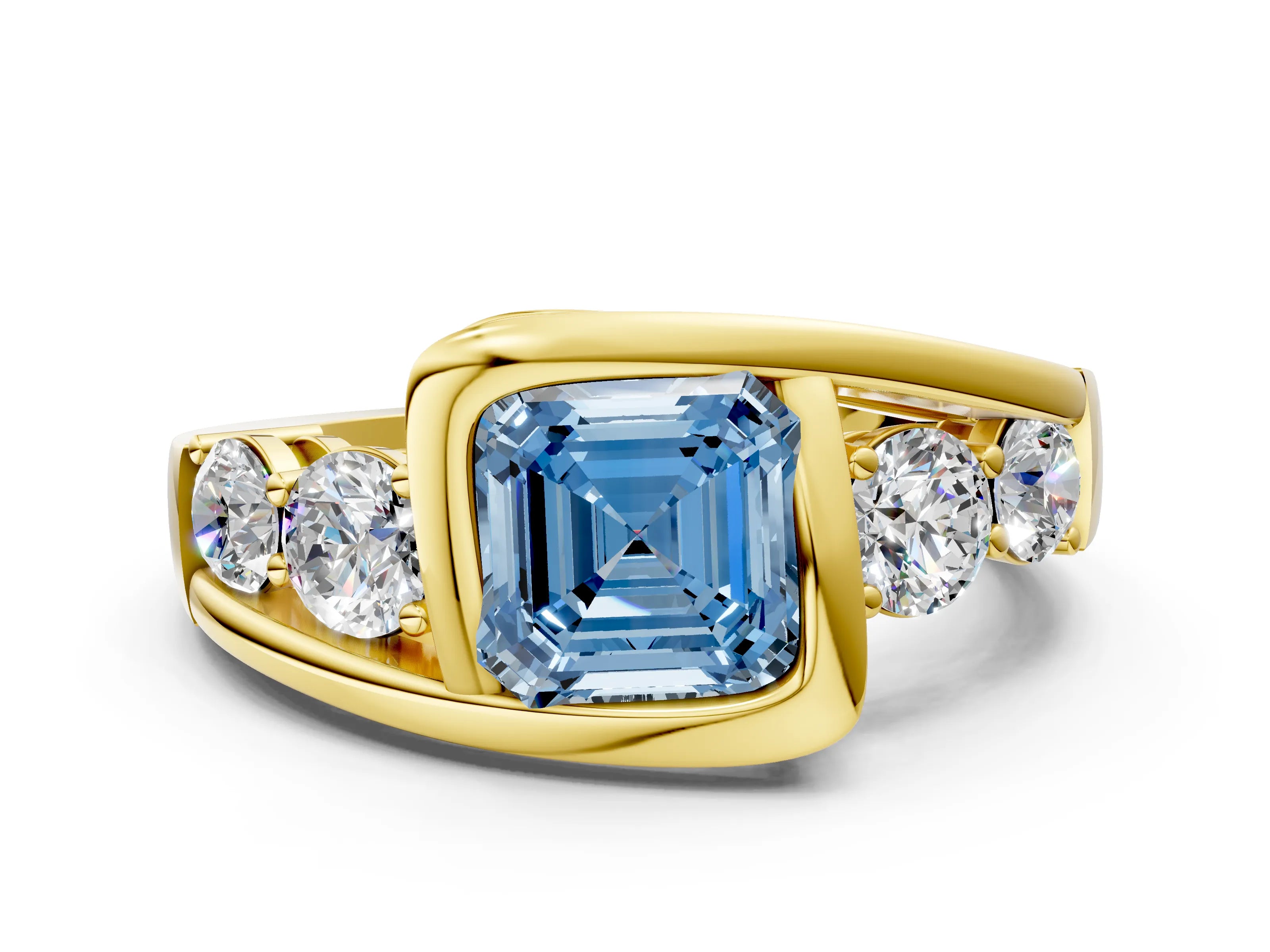 Yellow gold Bezel Set Fancy Blue Asscher Cut Diamond Split Shank Ring