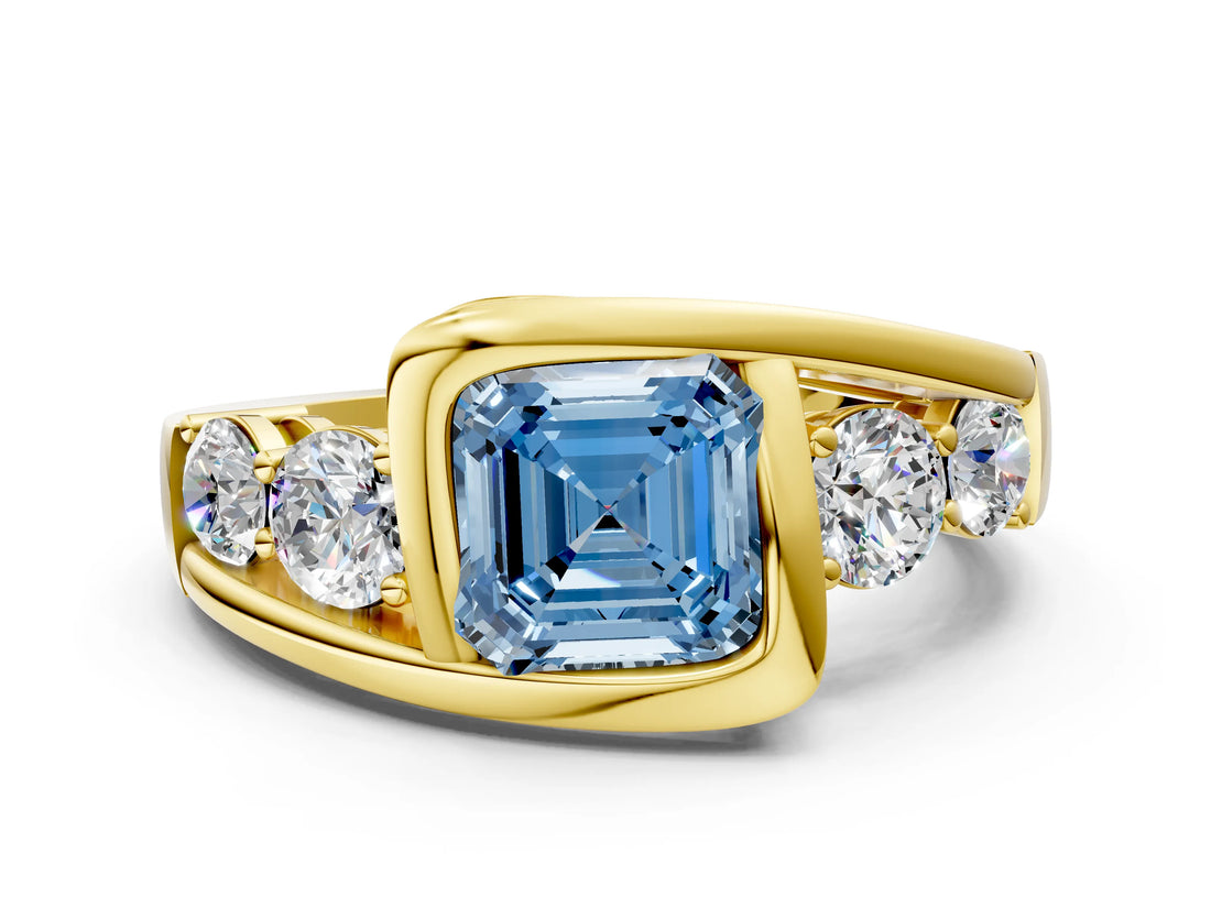 Yellow gold Bezel Set Fancy Blue Asscher Cut Diamond Split Shank Ring