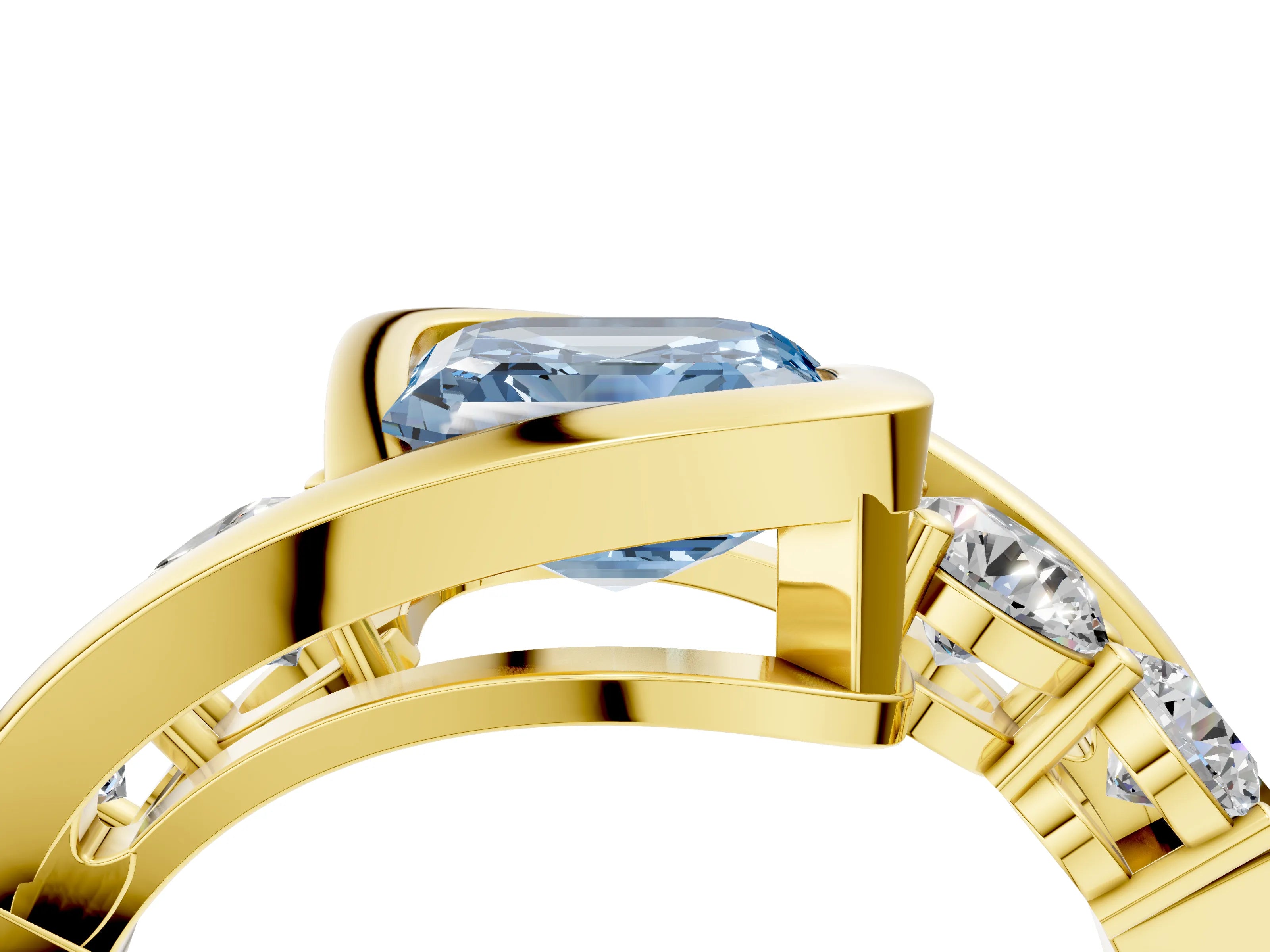 Yellow gold Bezel Set Fancy Blue Asscher Cut Diamond Split Shank Ring_4
