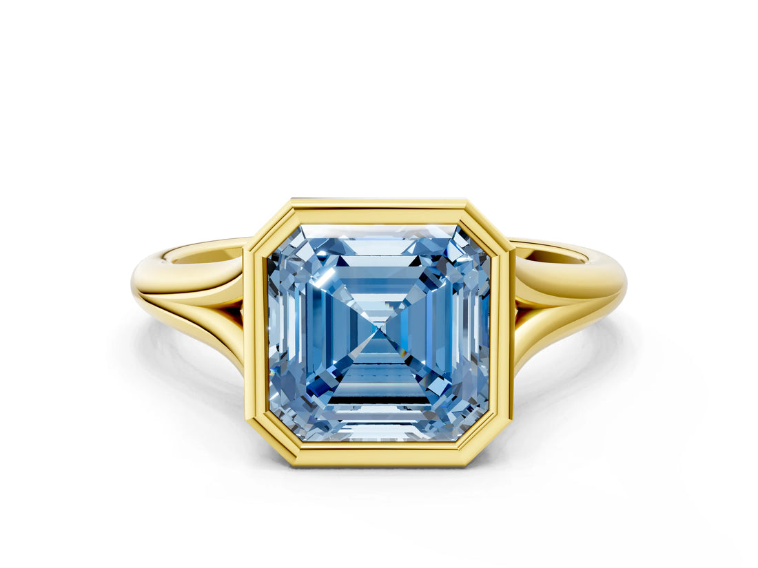 Yellow gold Bezel Set Fancy Blue Asscher  Cut Solitaire Ring with Tapered Band
