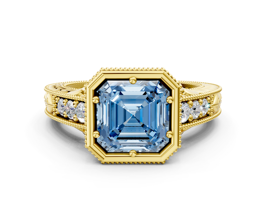 Yellow gold Bezel Set Fancy Blue Asscher  Diamond Milgrain Pave Engagement Ring_18
