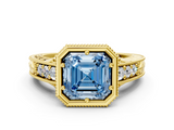 Yellow gold Bezel Set Fancy Blue Asscher  Diamond Milgrain Pave Engagement Ring_18
