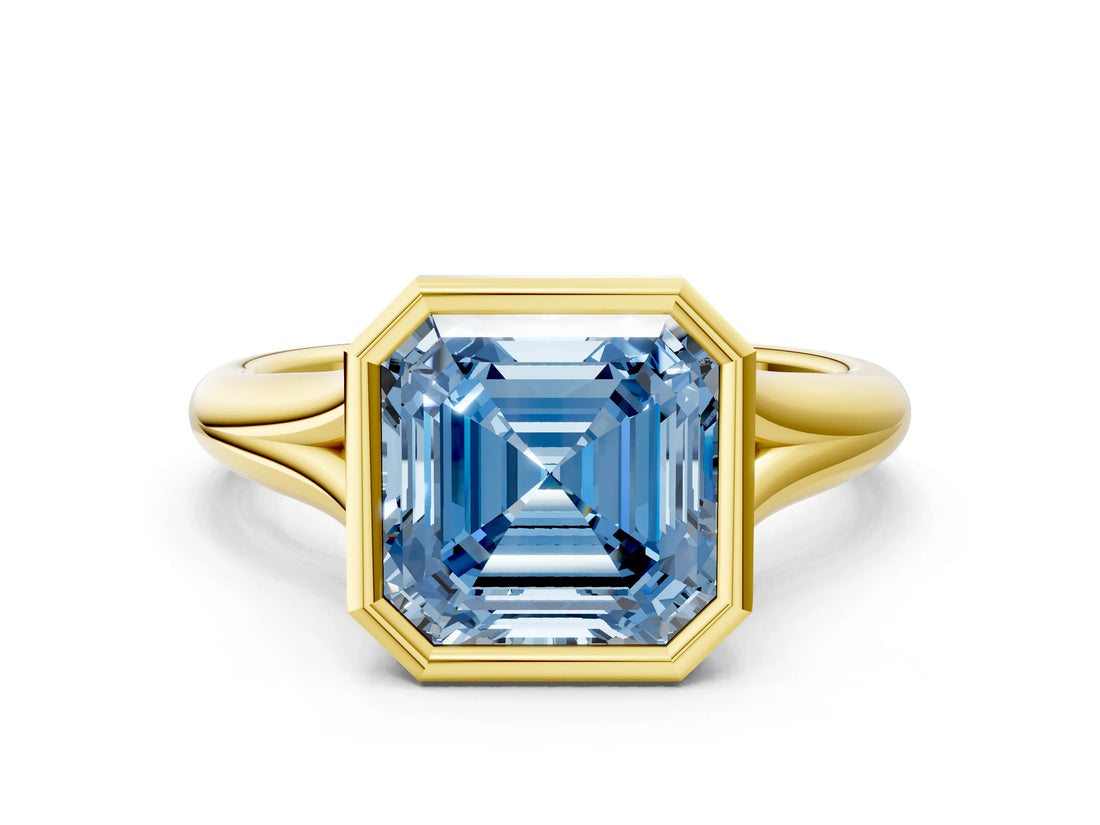 Yellow gold Bezel Set Fancy Blue Asscher  Solitaire Diamond Ring with Smooth Band 1