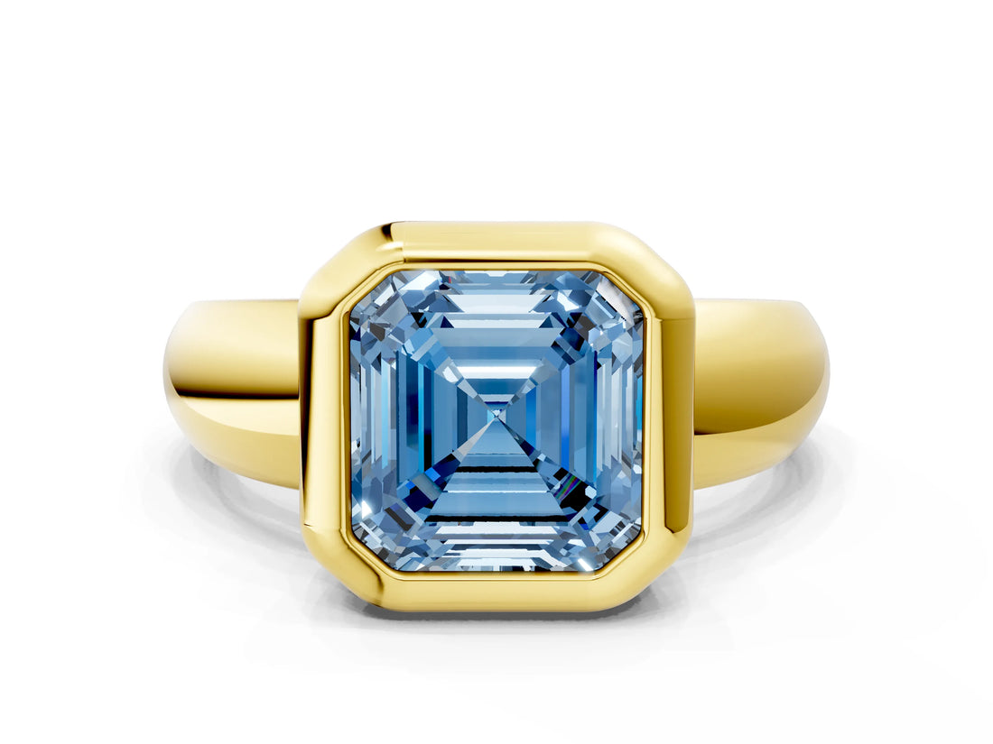 Yellow gold Bezel Set Fancy Blue Asscher  Solitaire Ring with Wide Band 2