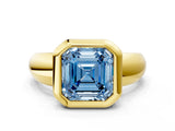 Yellow gold Bezel Set Fancy Blue Asscher  Solitaire Ring with Wide Band 2