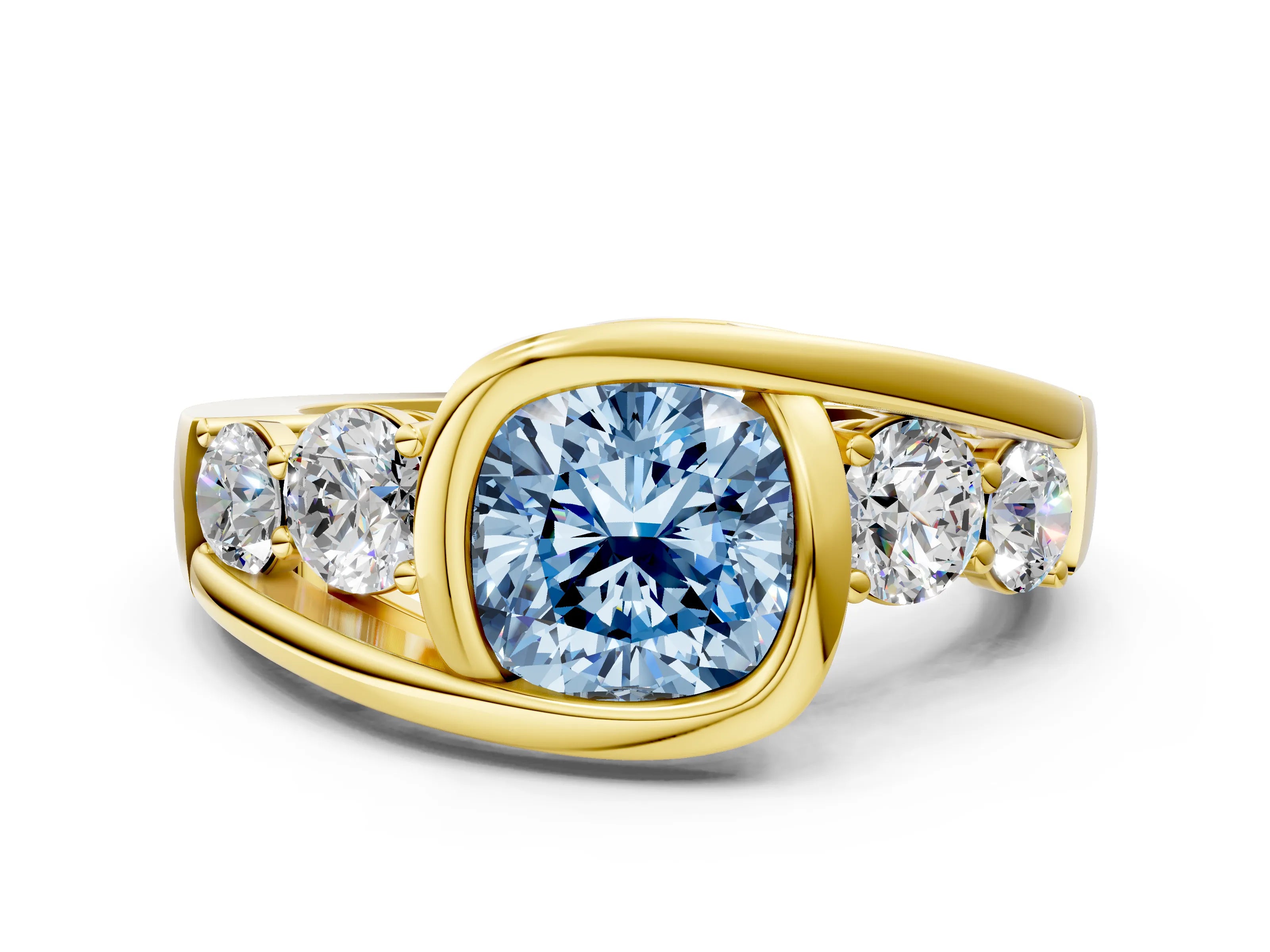 Yellow gold Bezel Set Fancy Blue Cushion Cut Diamond Split Shank Ring