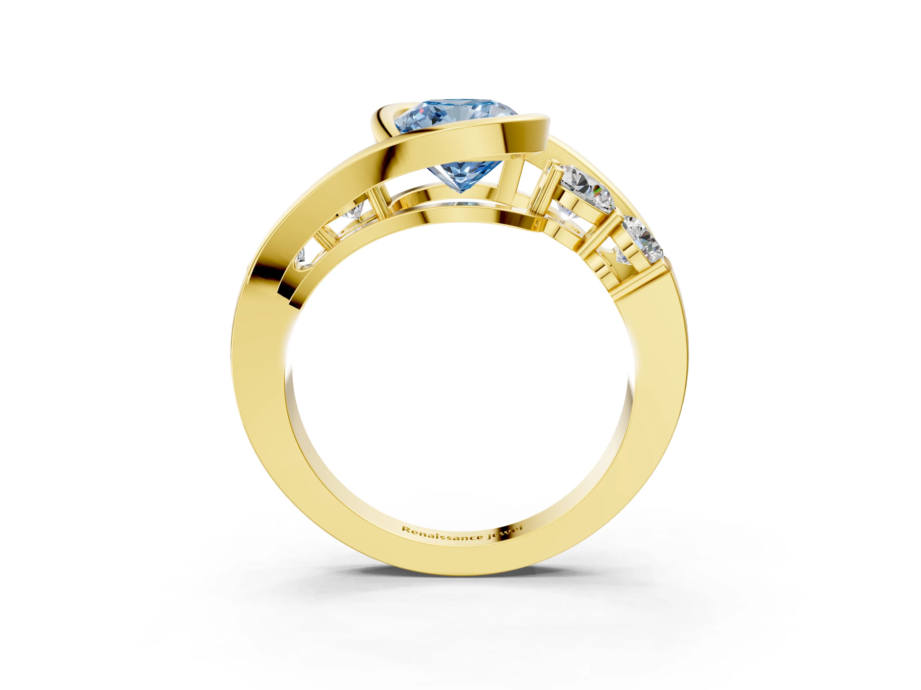 Yellow gold Bezel Set Fancy Blue Cushion Cut Diamond Split Shank Ring_3