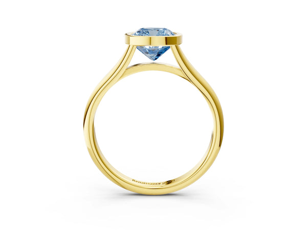Yellow Gold Cushion Cut Bezel Engagement Ring Setting for Fancy Blue Center