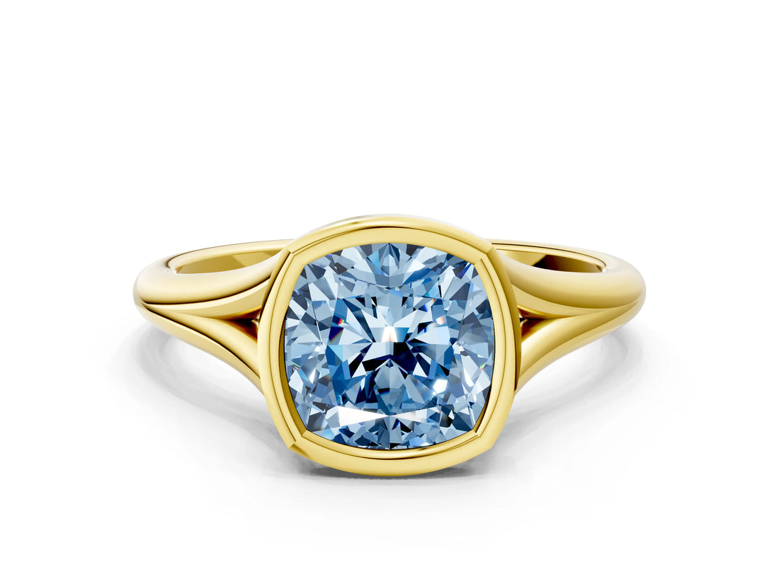 Yellow gold Bezel Set Fancy Blue Cushion  Cut Solitaire Ring with Tapered Band
