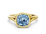 Yellow gold Bezel Set Fancy Blue Cushion  Cut Solitaire Ring with Tapered Band