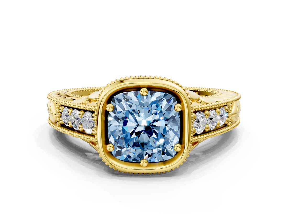 Yellow gold Bezel Set Fancy Blue Cushion  Diamond Milgrain Pave Engagement Ring_33