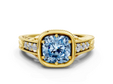 Yellow gold Bezel Set Fancy Blue Cushion  Diamond Milgrain Pave Engagement Ring_33