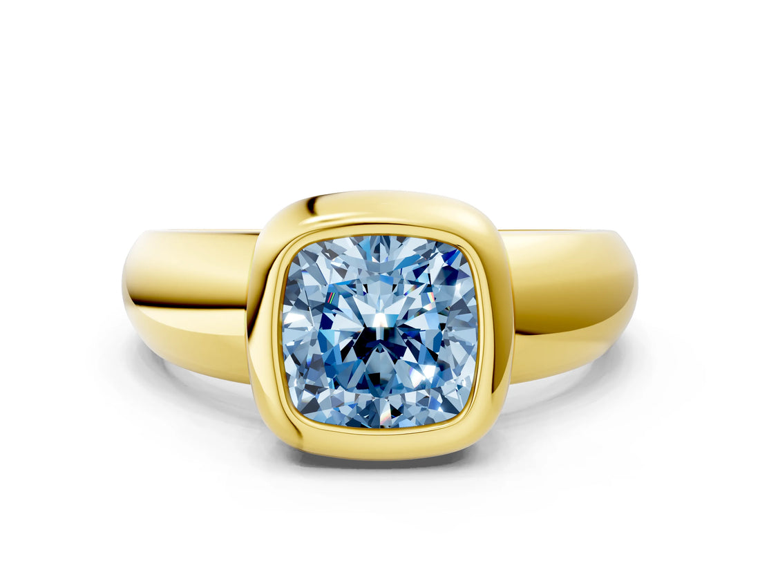 Yellow gold Bezel Set Fancy Blue Cushion  Solitaire Ring with Wide Band 1