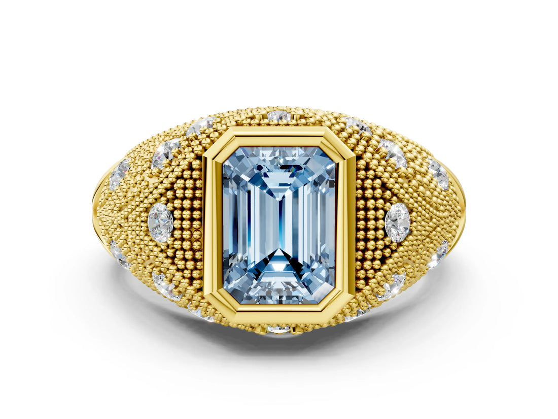 Yellow gold Bezel Set Fancy Blue Emerald Cut Diamond Milgrain Band Ring