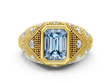 Yellow gold Bezel Set Fancy Blue Emerald Cut Diamond Milgrain Band Ring
