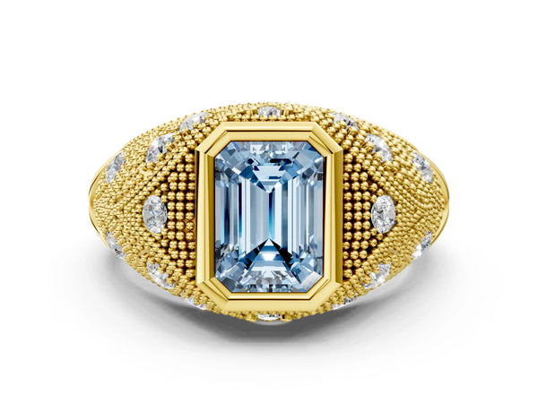 Yellow gold Bezel Set Fancy Blue Emerald Cut Diamond Milgrain Band Ring