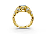 Yellow gold Bezel Set Fancy Blue Emerald Cut Diamond Milgrain Band Ring_3