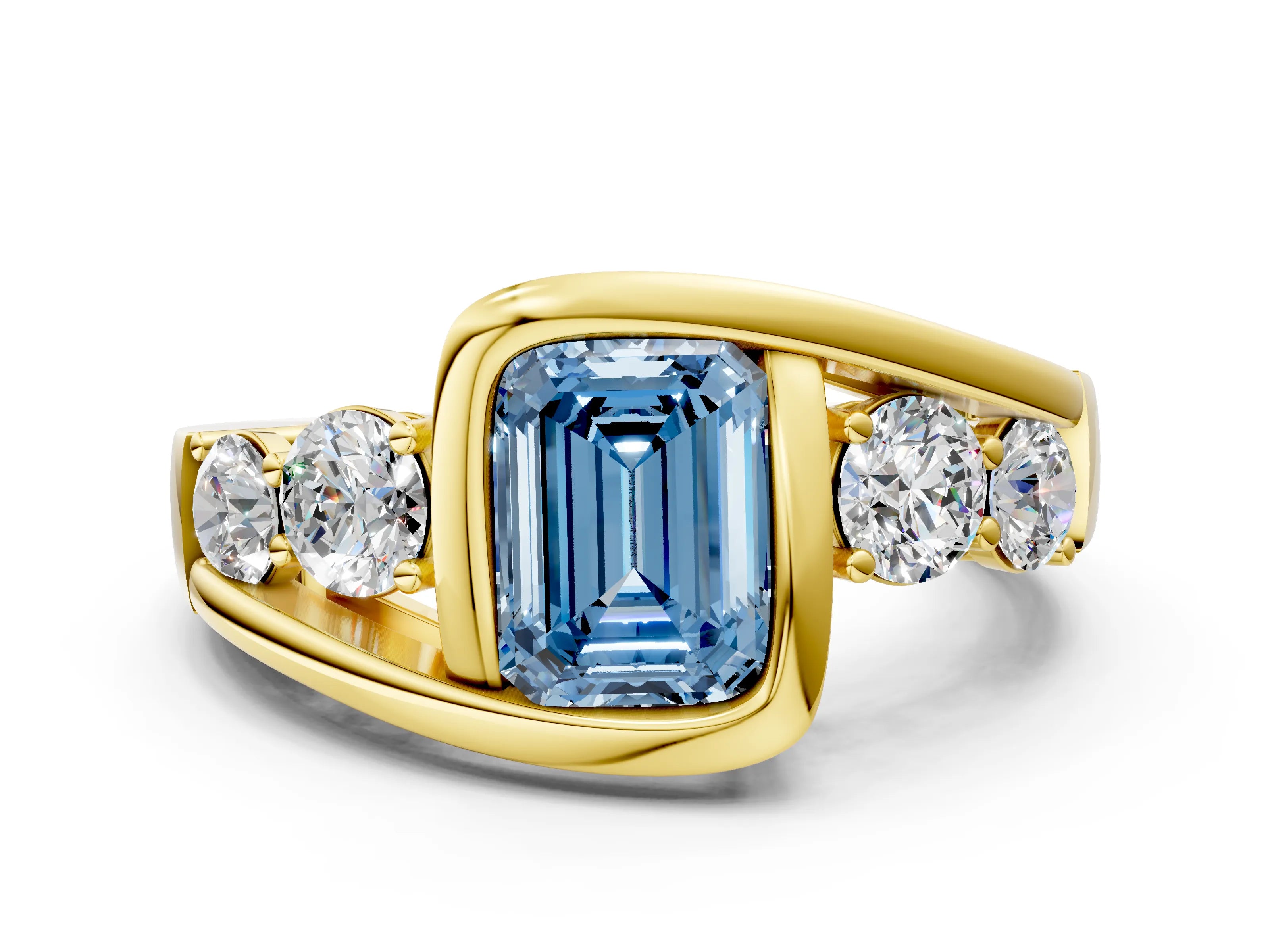 Yellow gold Bezel Set Fancy Blue Emerald Cut Diamond Split Shank Ring