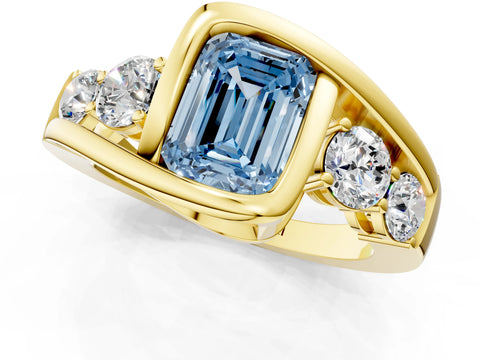 Yellow gold Bezel Set Fancy Blue Emerald Cut Diamond Split Shank Ring_1