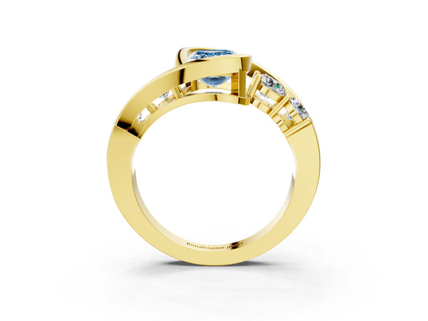 Yellow gold Bezel Set Fancy Blue Emerald Cut Diamond Split Shank Ring