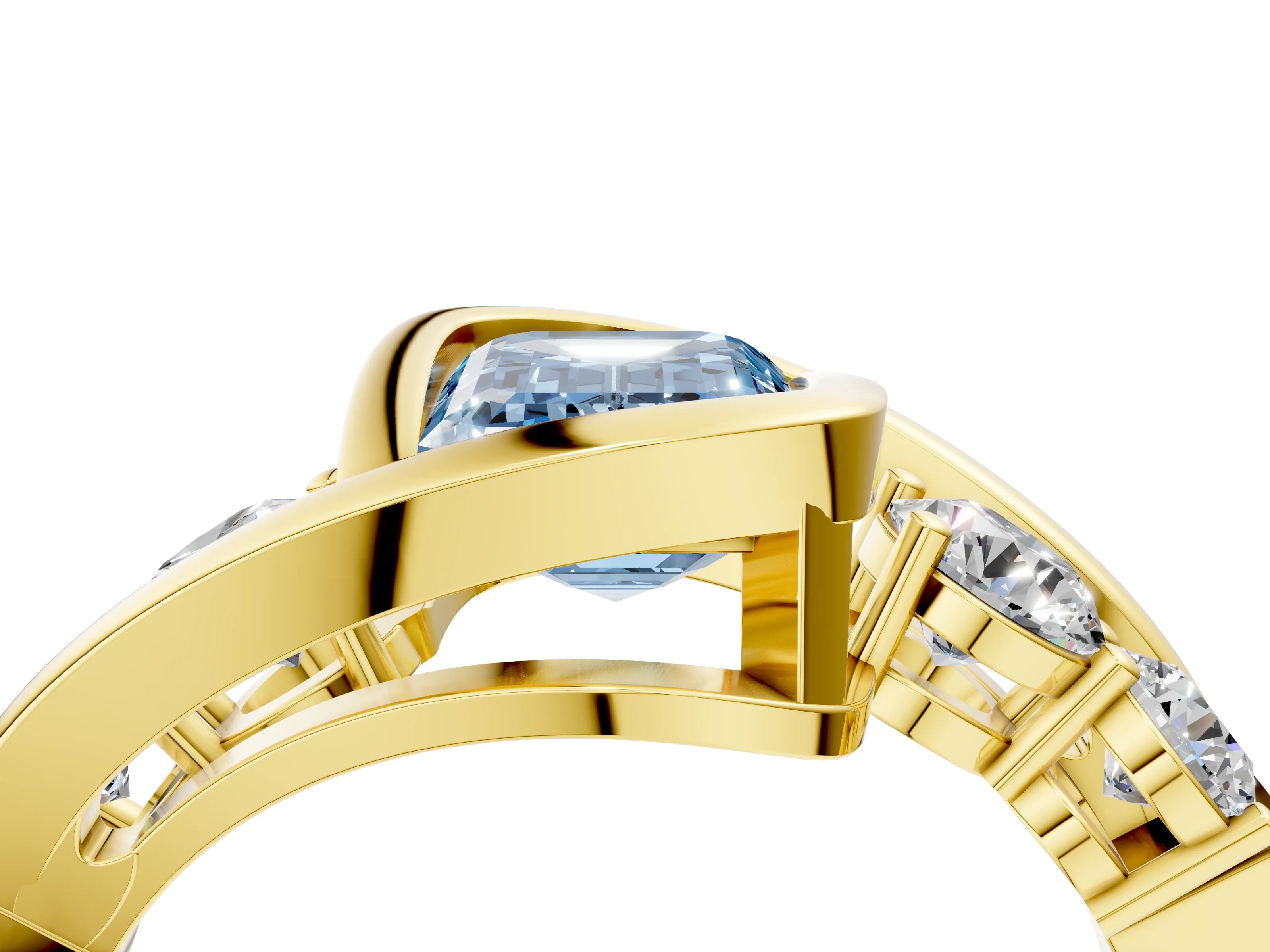 Yellow gold Bezel Set Fancy Blue Emerald Cut Diamond Split Shank Ring_4