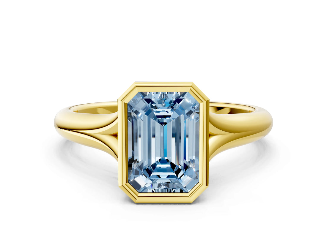 Yellow gold Bezel Set Fancy Blue Emerald  Solitaire Diamond Ring with Smooth Band 1