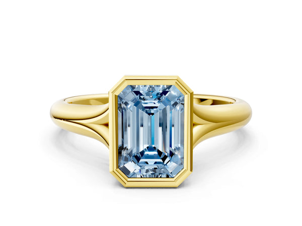 Yellow gold Bezel Set Fancy Blue Emerald  Solitaire Diamond Ring with Smooth Band