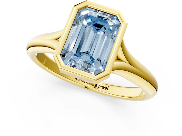Yellow gold Bezel Set Fancy Blue Emerald  Solitaire Diamond Ring with Smooth Band