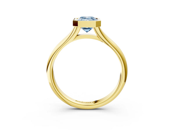 Yellow gold Bezel Set Fancy Blue Emerald  Solitaire Diamond Ring with Smooth Band
