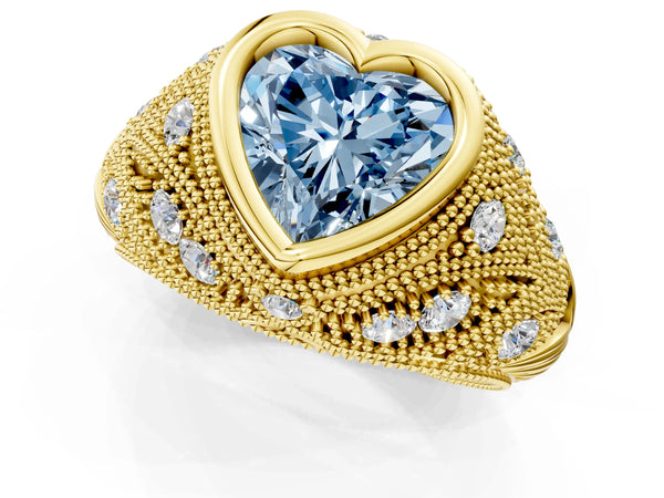 Yellow gold Bezel Set Fancy Blue Heart Cut Diamond Milgrain Band Ring