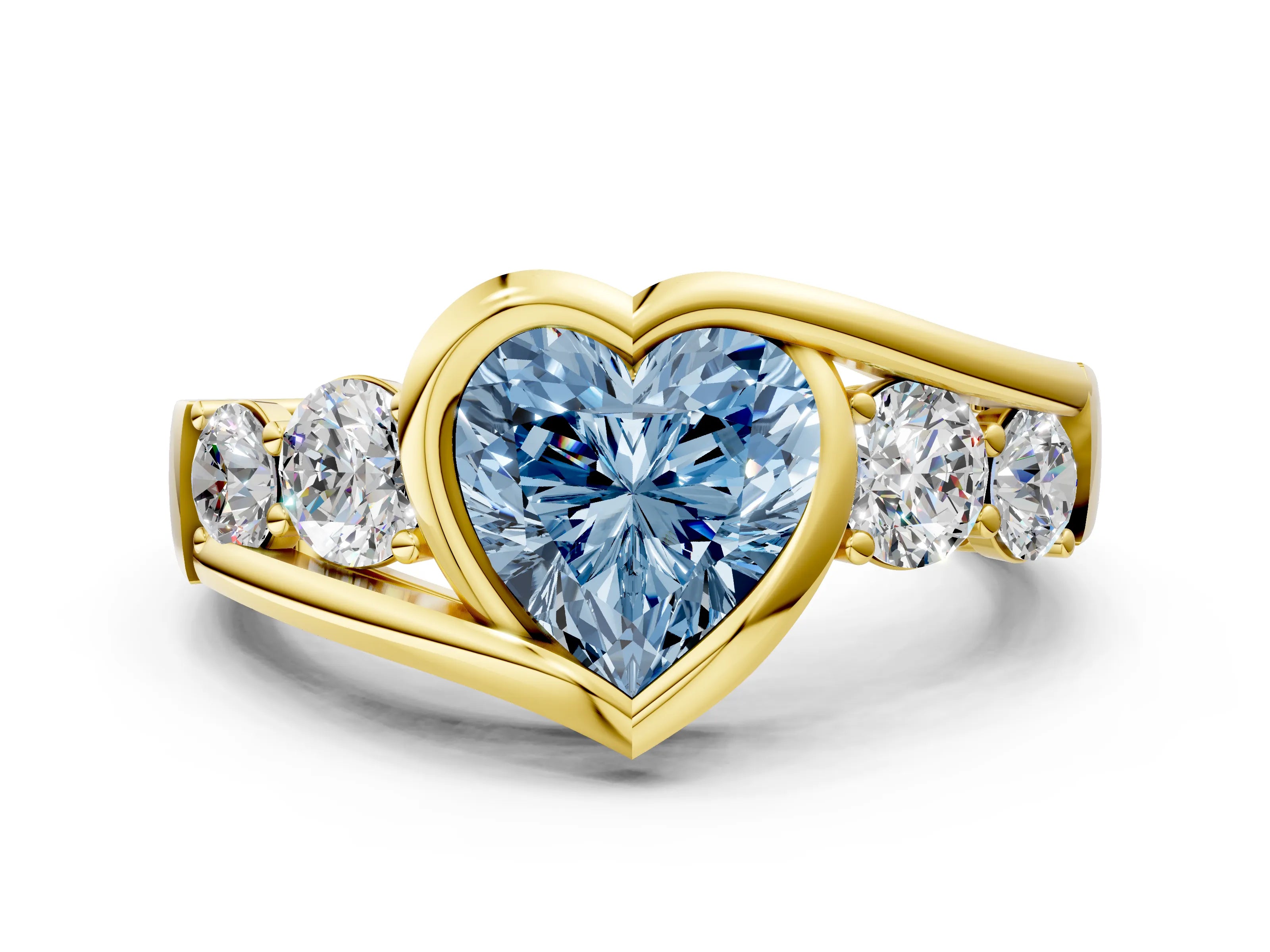 Yellow gold Bezel Set Fancy Blue Heart Cut Diamond Split Shank Ring