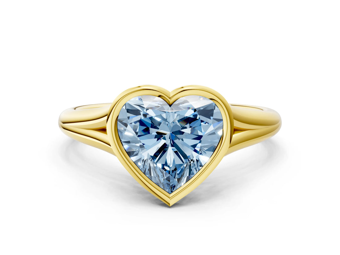 Yellow gold Bezel Set Fancy Blue Heart  Cut Solitaire Ring with Tapered Band