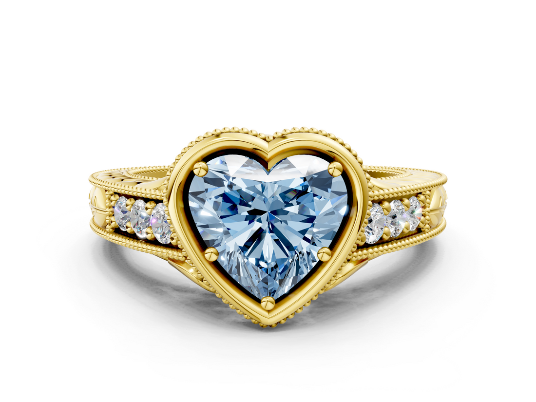 Yellow gold Bezel Set Fancy Blue Heart  Diamond Milgrain Pave Engagement Ring_34