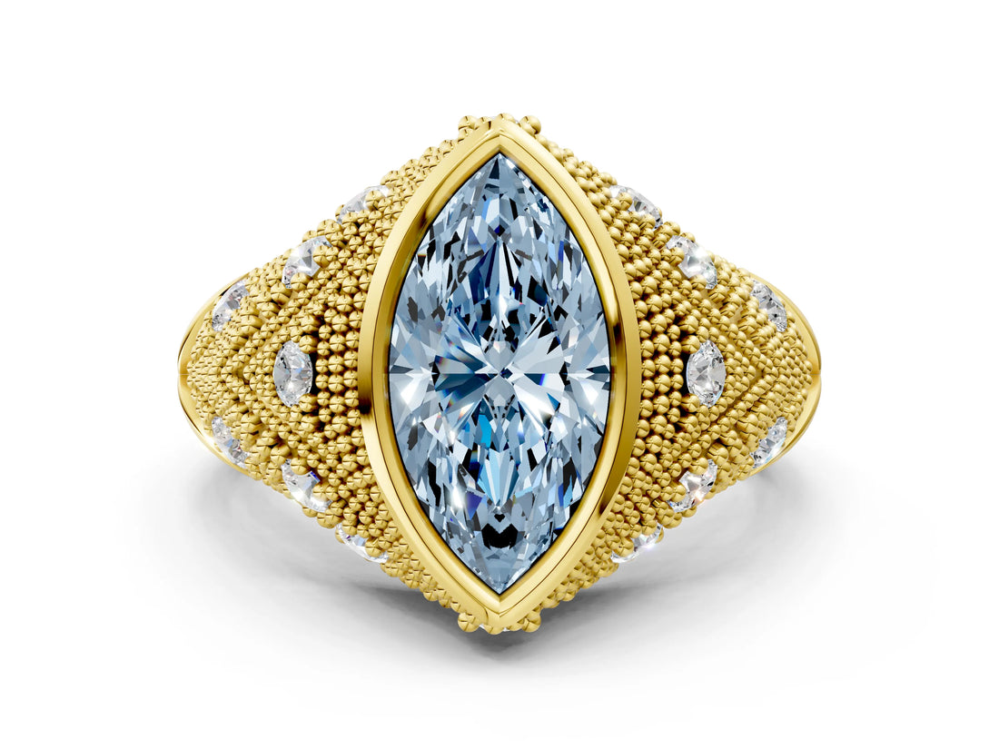 Yellow gold Bezel Set Fancy Blue Marquise Cut Diamond Milgrain Band Ring