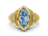 Yellow gold Bezel Set Fancy Blue Marquise Cut Diamond Milgrain Band Ring