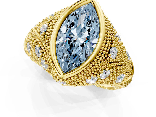 Yellow Gold Marquise Vintage Bezel Engagement Ring Setting for Fancy Blue Center with Milgrain