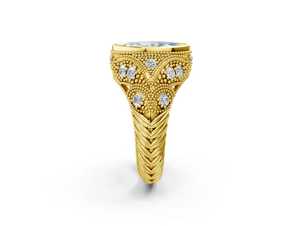 Yellow Gold Marquise Vintage Bezel Engagement Ring Setting for Fancy Blue Center with Milgrain