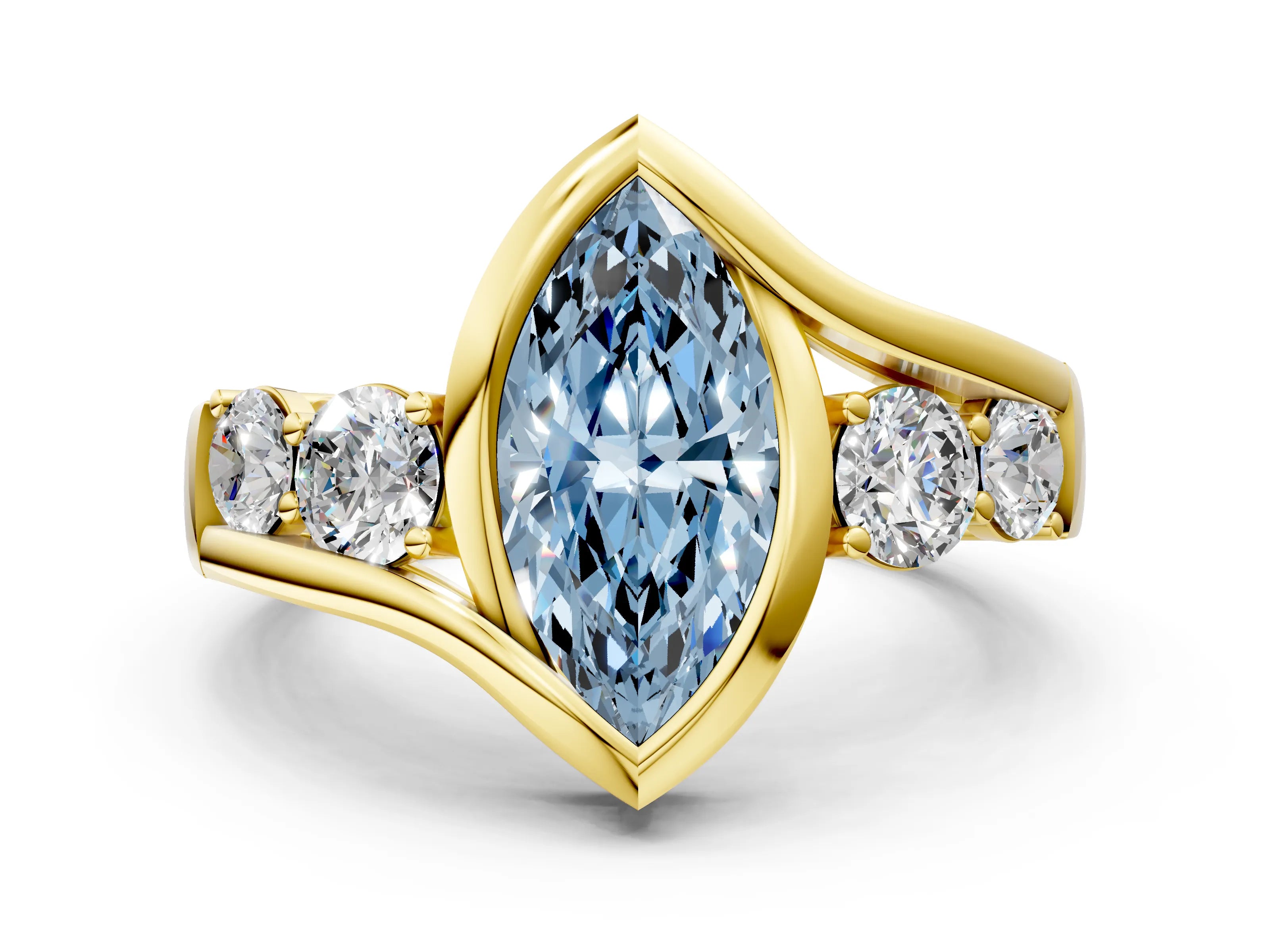 Yellow gold Bezel Set Fancy Blue Marquise Cut Diamond Split Shank Ring