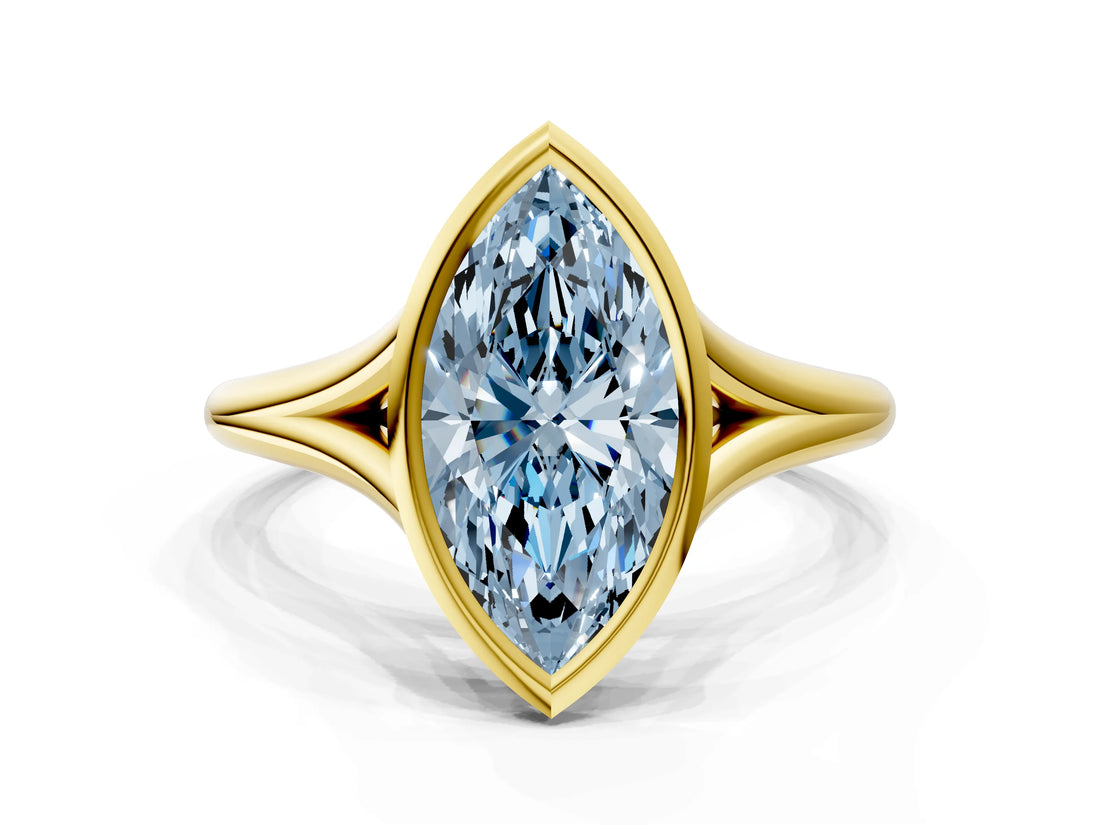 Yellow gold Bezel Set Fancy Blue Marquise  Cut Solitaire Ring with Tapered Band